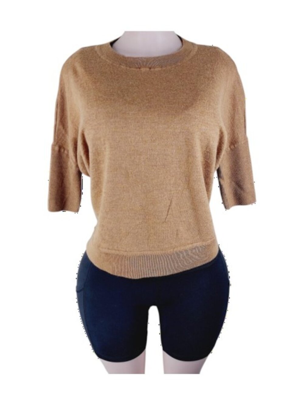 Anthropologie Women's Camel Tan Short-Sleeve Crew-Neck Sweater Size M